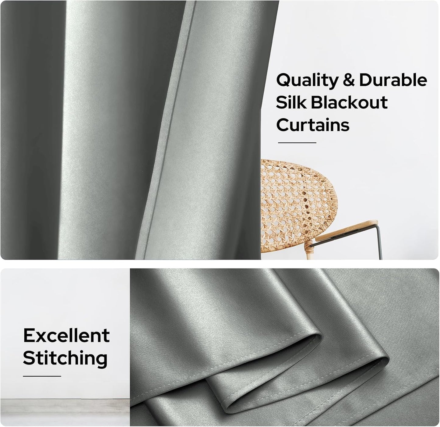 2 Panels Silver Grey Faux Silk Curtains Gray Blackout Curtains for Bedroom 52 X 96 Inch Room Darkening Satin Drapes/Curtains, Thermal Insulated Blackout Window Curtains for Living Room
